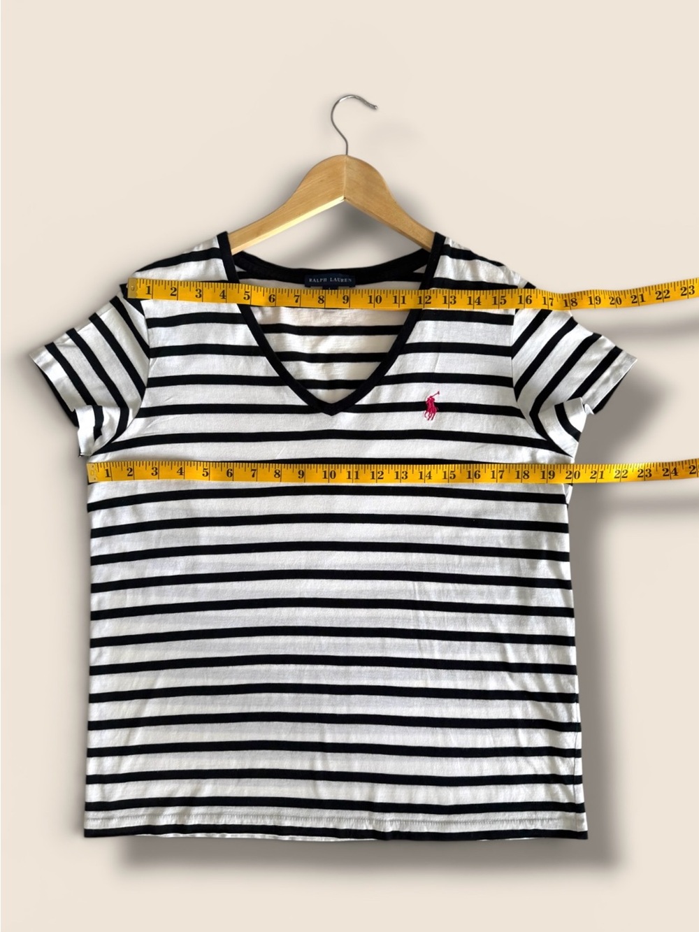 Ralph Lauren Womens L Black White Striped V-Neck T-Shirt Pink Pony Logo - Picture 5 of 12